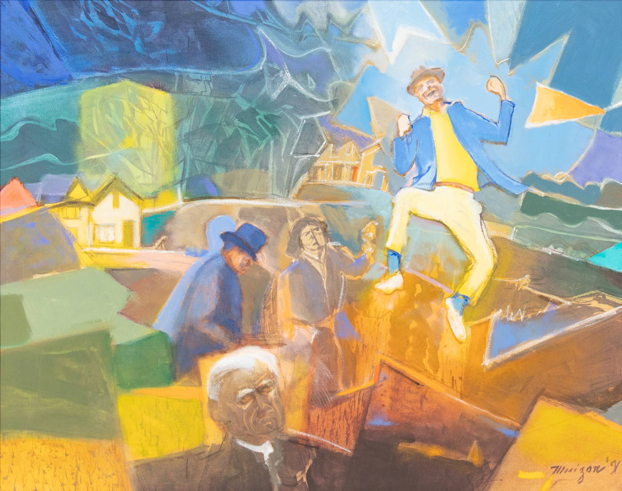 Colorful painting with abstract shapes and semi-realistic buildings in the background. Group of 4 people in the foreground, some appear to be dancing or playing music.